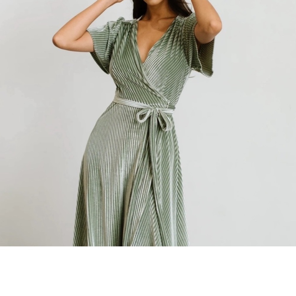 BALTICBORN 1XL Dusty Sage green ribbed velvet wrap around dress